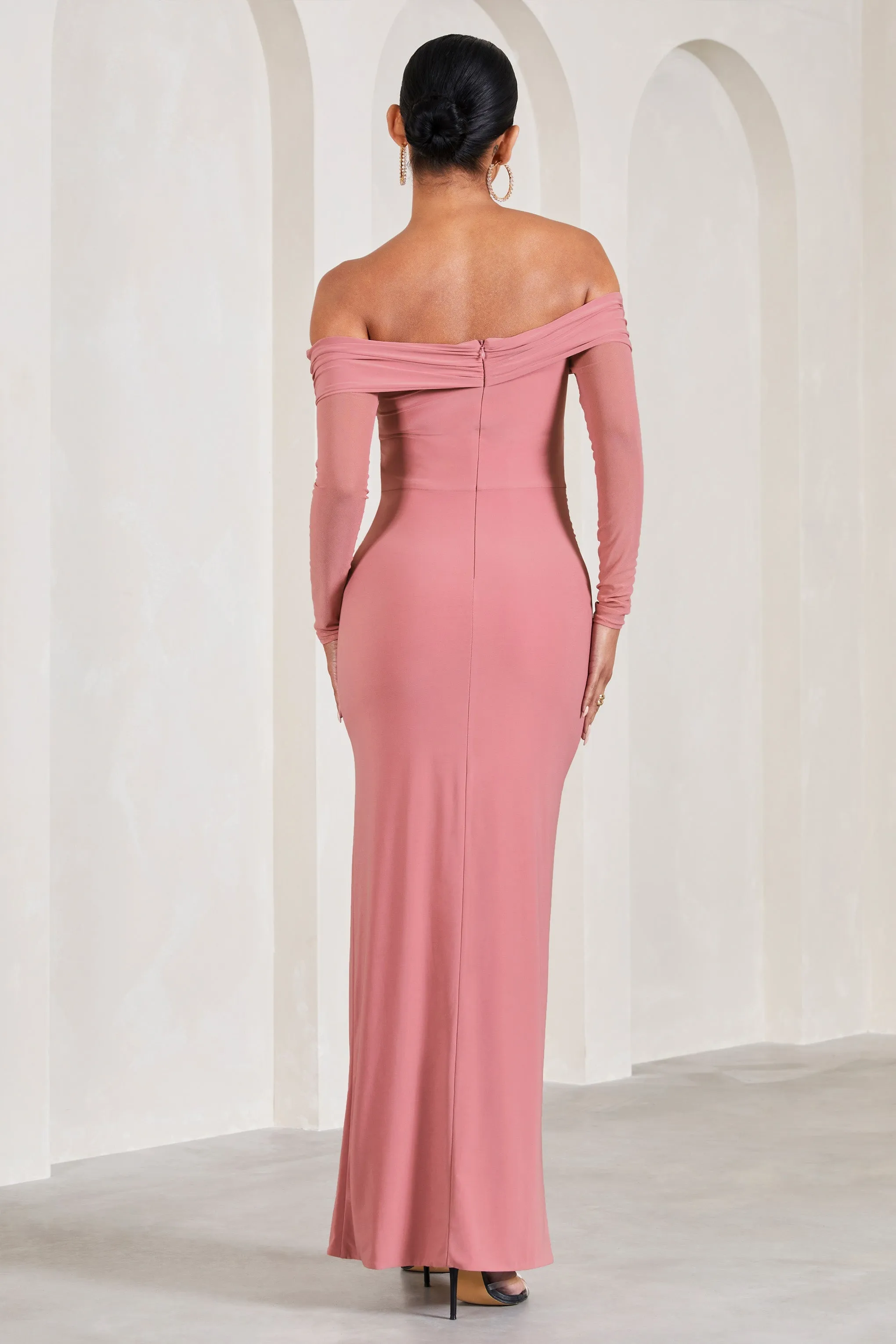 Elsie Blush Pink Maternity Maxi Dress with Bardot Neckline and Long Sleeves