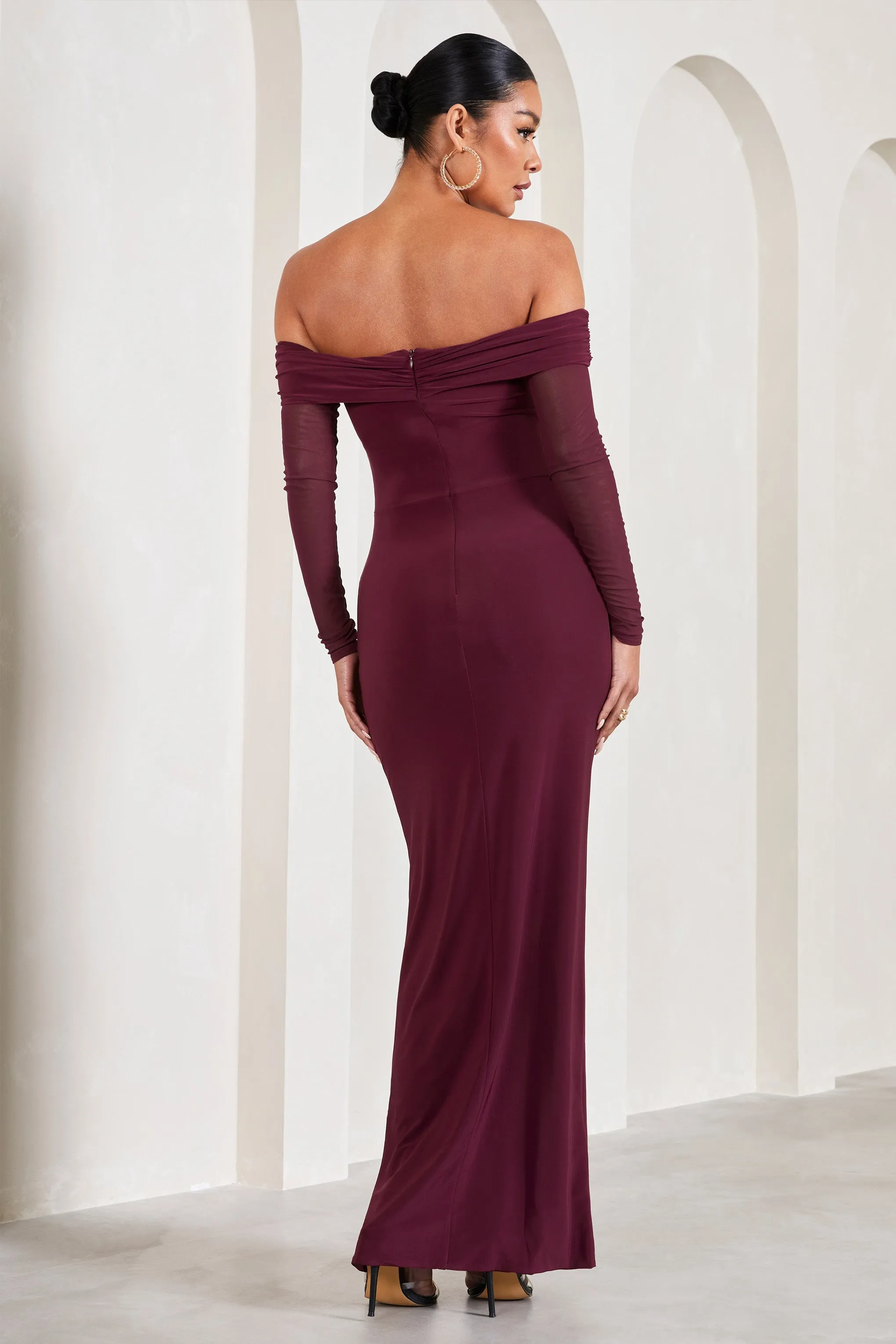 Elsie Maternity Maxi Dress - Burgundy Bardot, Long-Sleeved