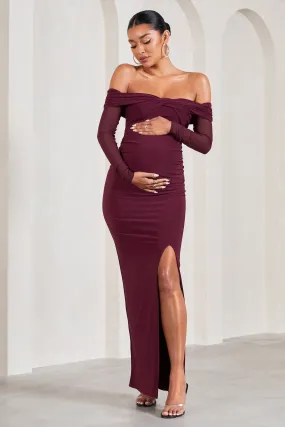 Elsie Maternity Maxi Dress - Burgundy Bardot, Long-Sleeved