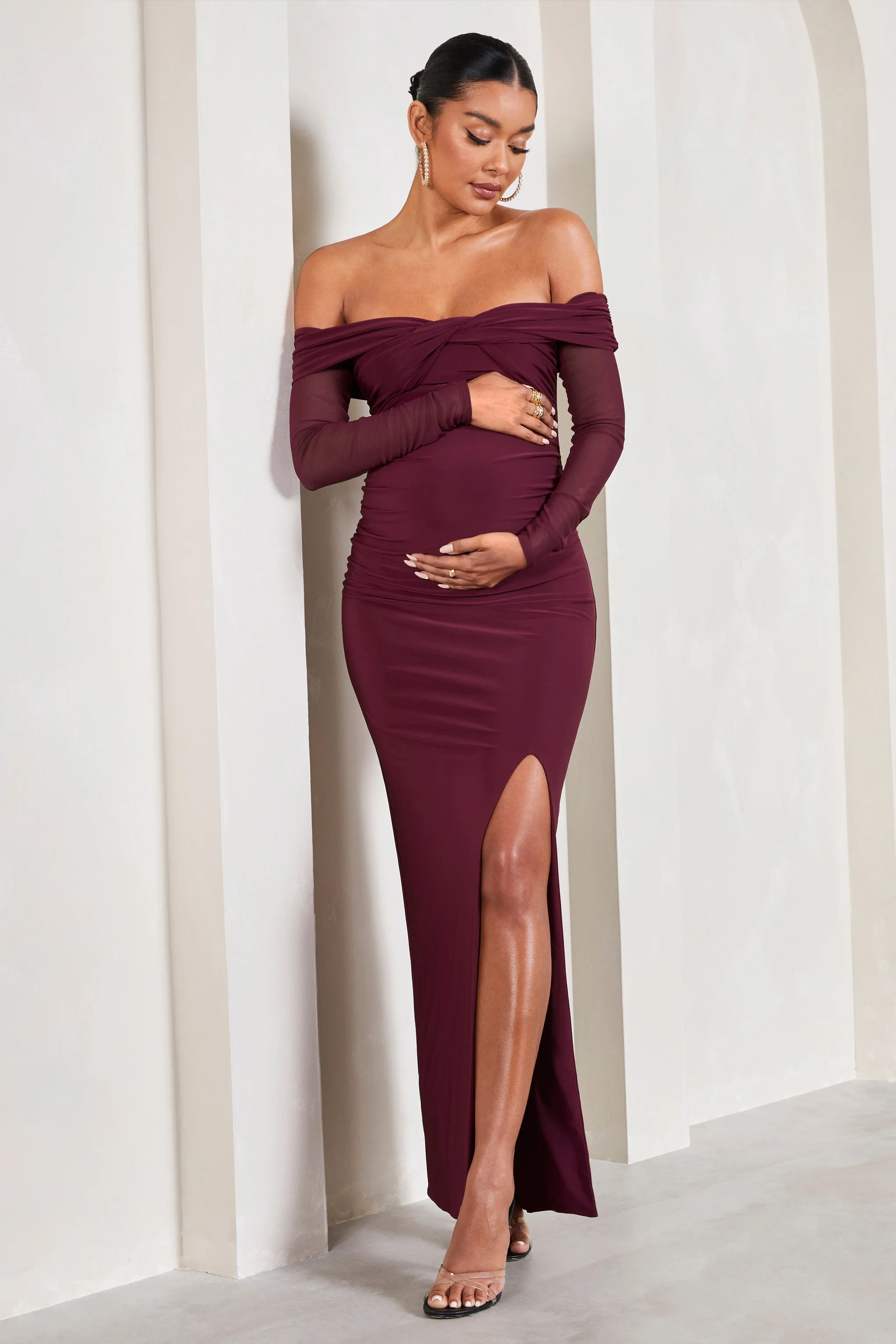 Elsie Maternity Maxi Dress - Burgundy Bardot, Long-Sleeved