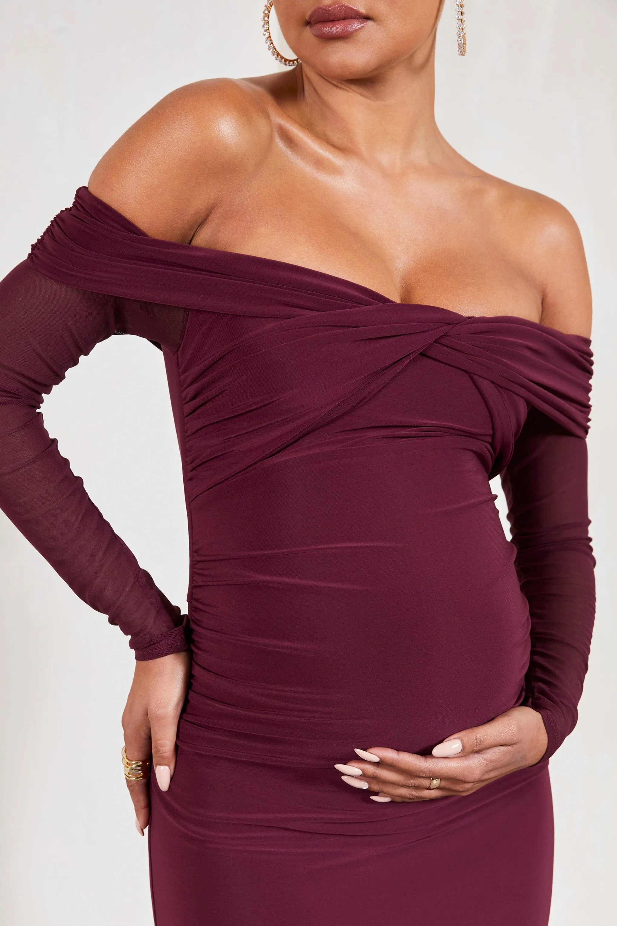 Elsie Maternity Maxi Dress - Burgundy Bardot, Long-Sleeved