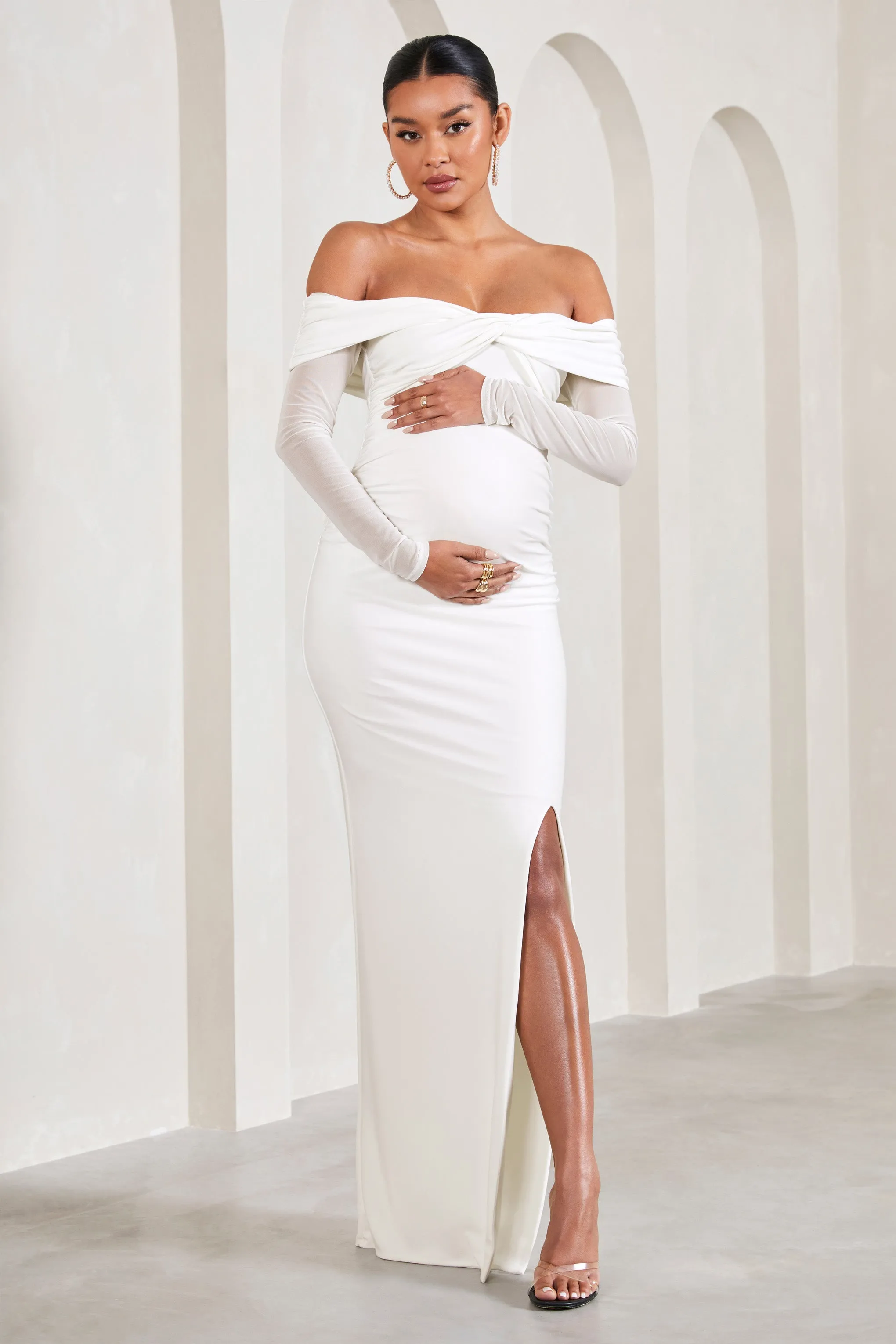 White Maternity Maxi Dress - Elsie | Bardot Neckline, Long Sleeves