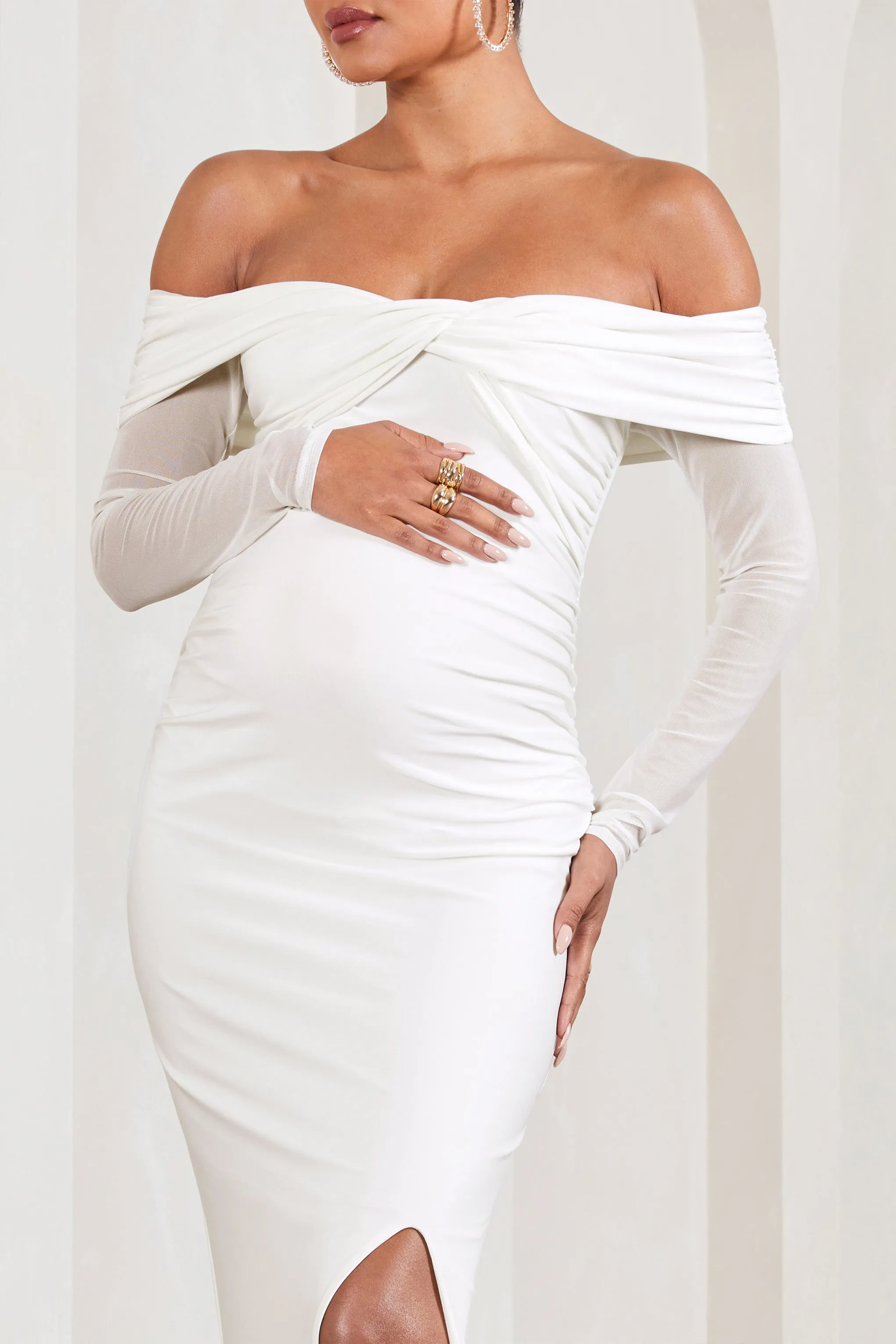 White Maternity Maxi Dress - Elsie | Bardot Neckline, Long Sleeves