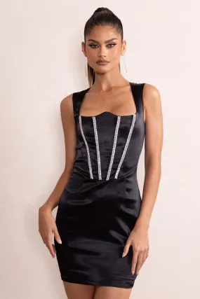 Elyse Black Satin Reverse Sweetheart Neckline Corset Mini Dress with Diamante Detail