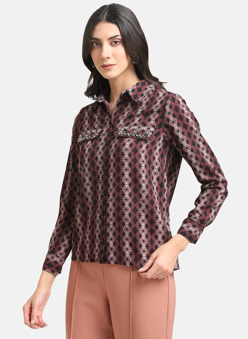 Embellished Pocket Flaps Printed Shirt with a Searchable Flair