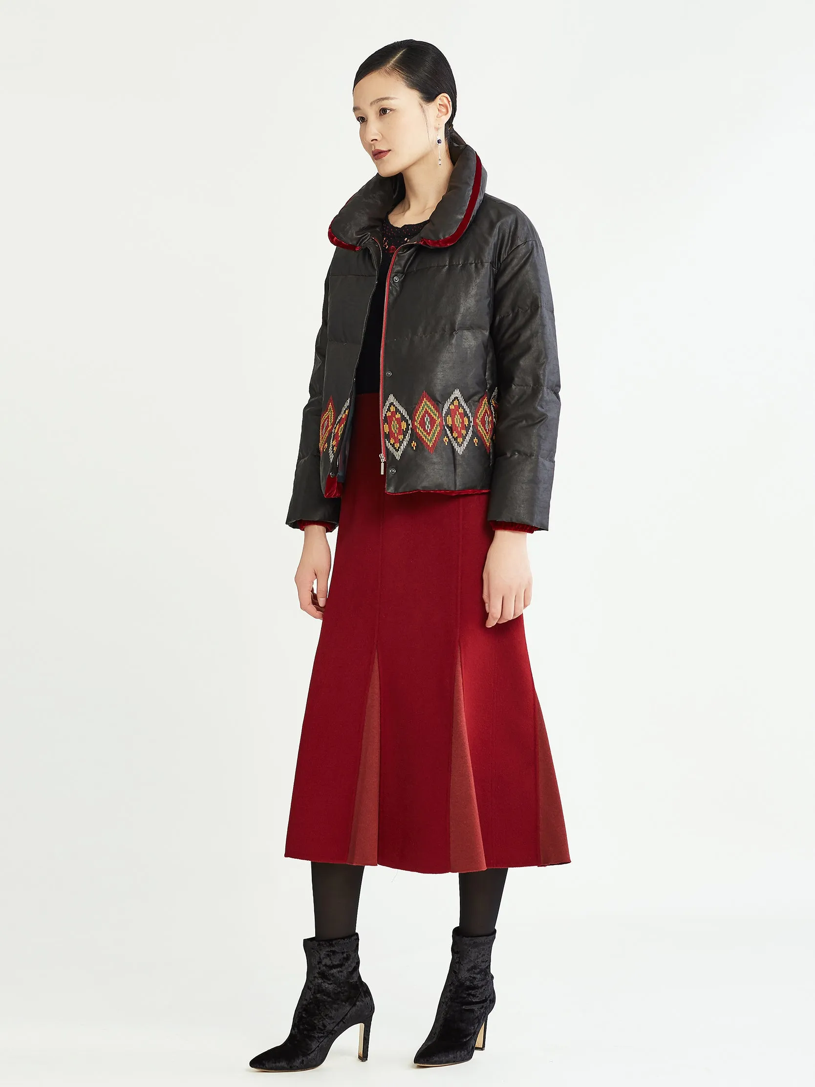 Embroidered Down Coat with Gambiered Canton Silk