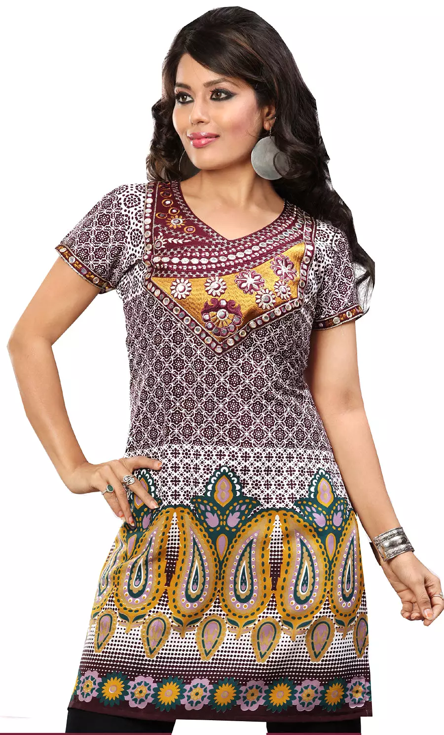 Embroidered Indian Apparel: Brown Long Kurti Tunic Top for Women