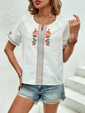 Short Sleeve Blouse with Embroidered Notched Detail