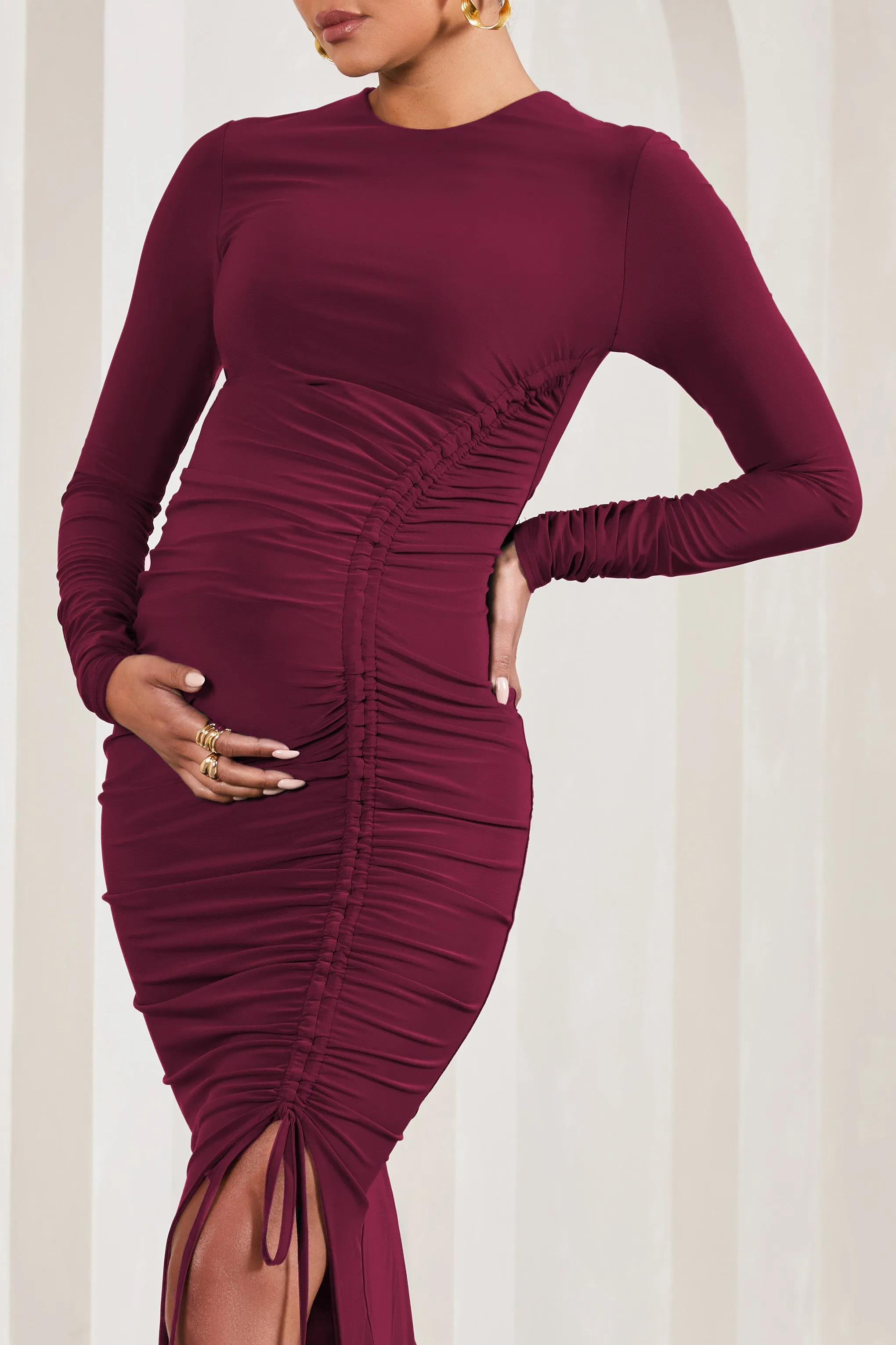 Eternal Berry Long-Sleeved Split Maternity Midi Dress - Shop Now