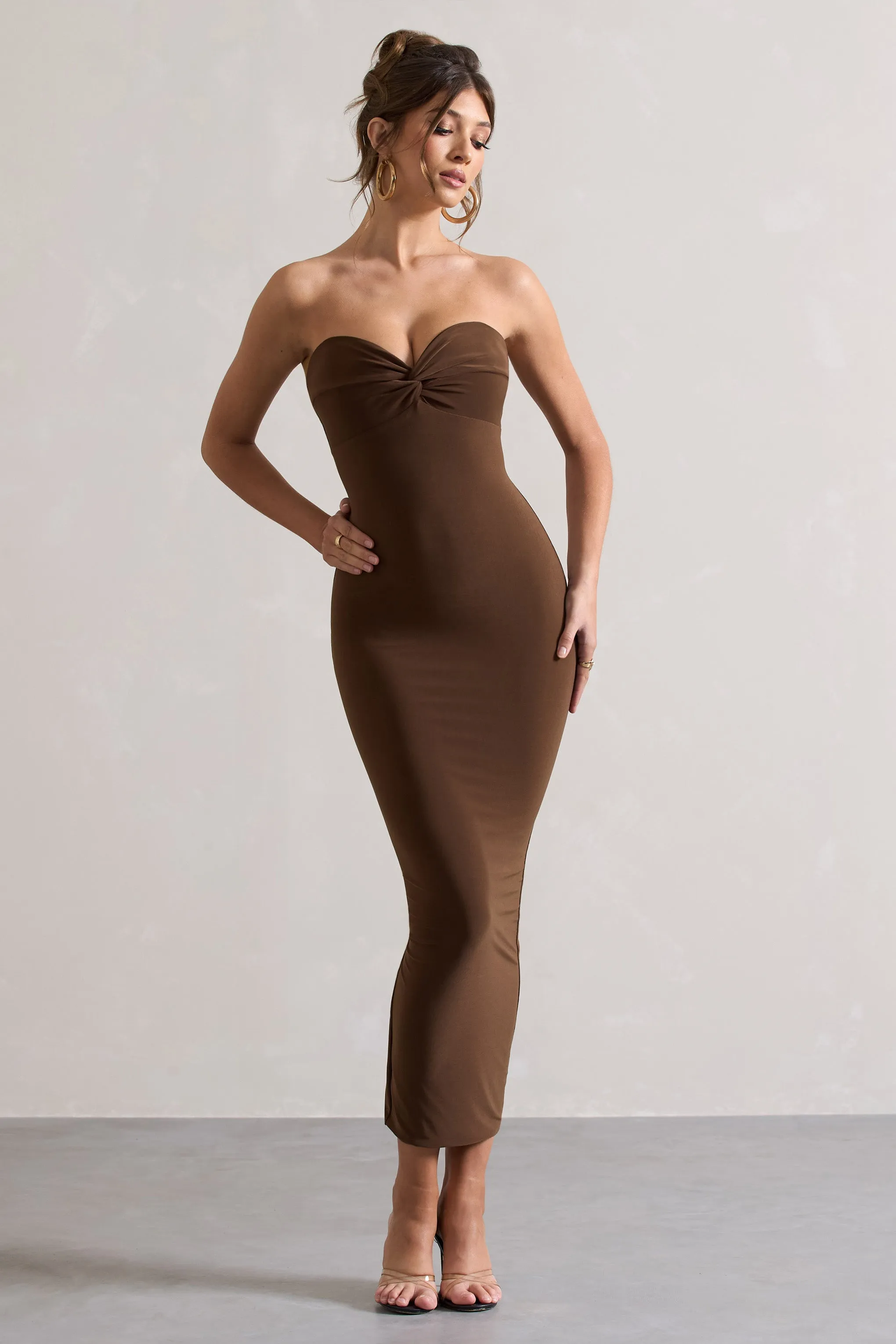 Evita Chocolate Sweetheart Twist Detail Maxi Dress