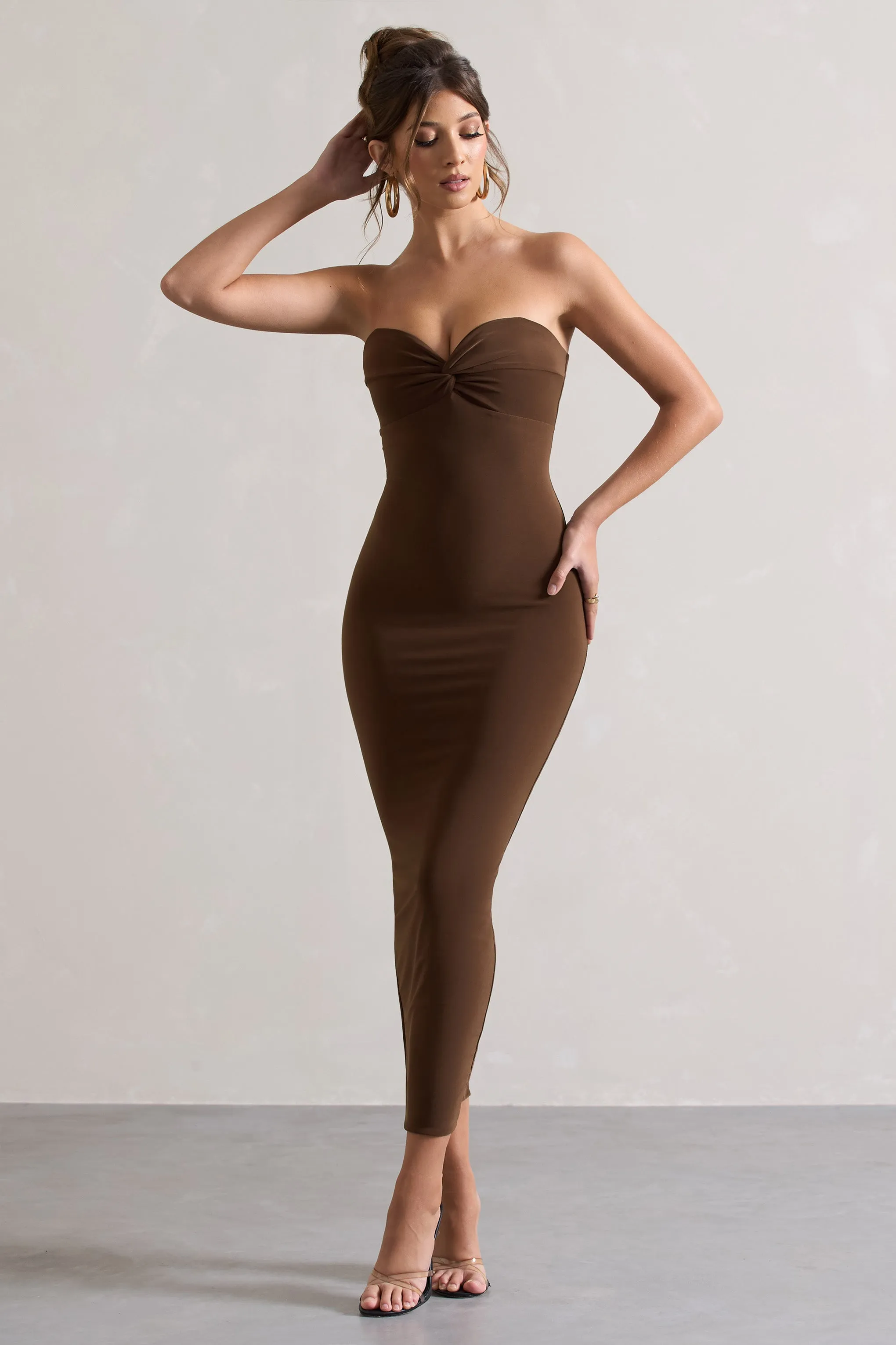 Evita Chocolate Sweetheart Twist Detail Maxi Dress