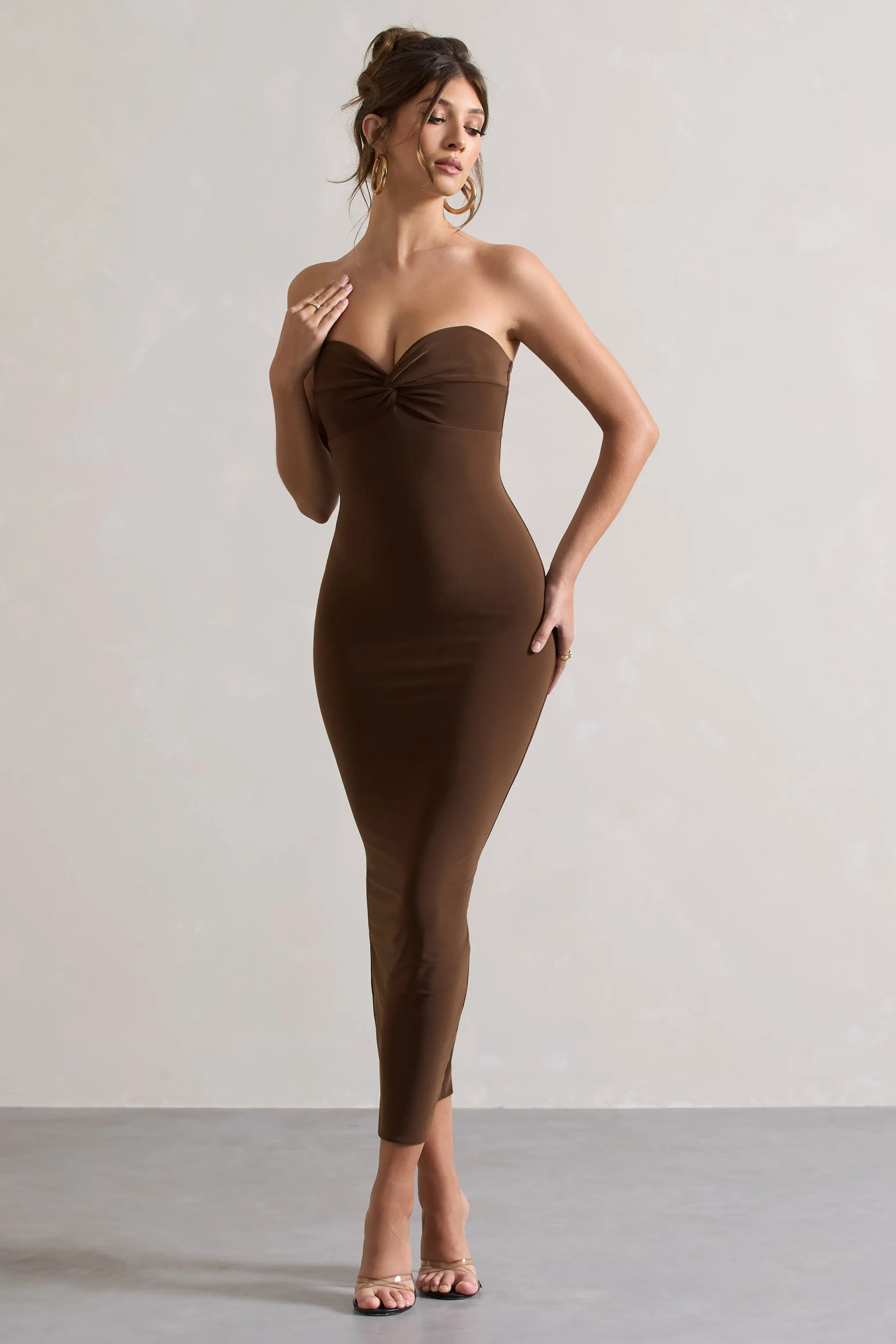 Evita Chocolate Sweetheart Twist Detail Maxi Dress