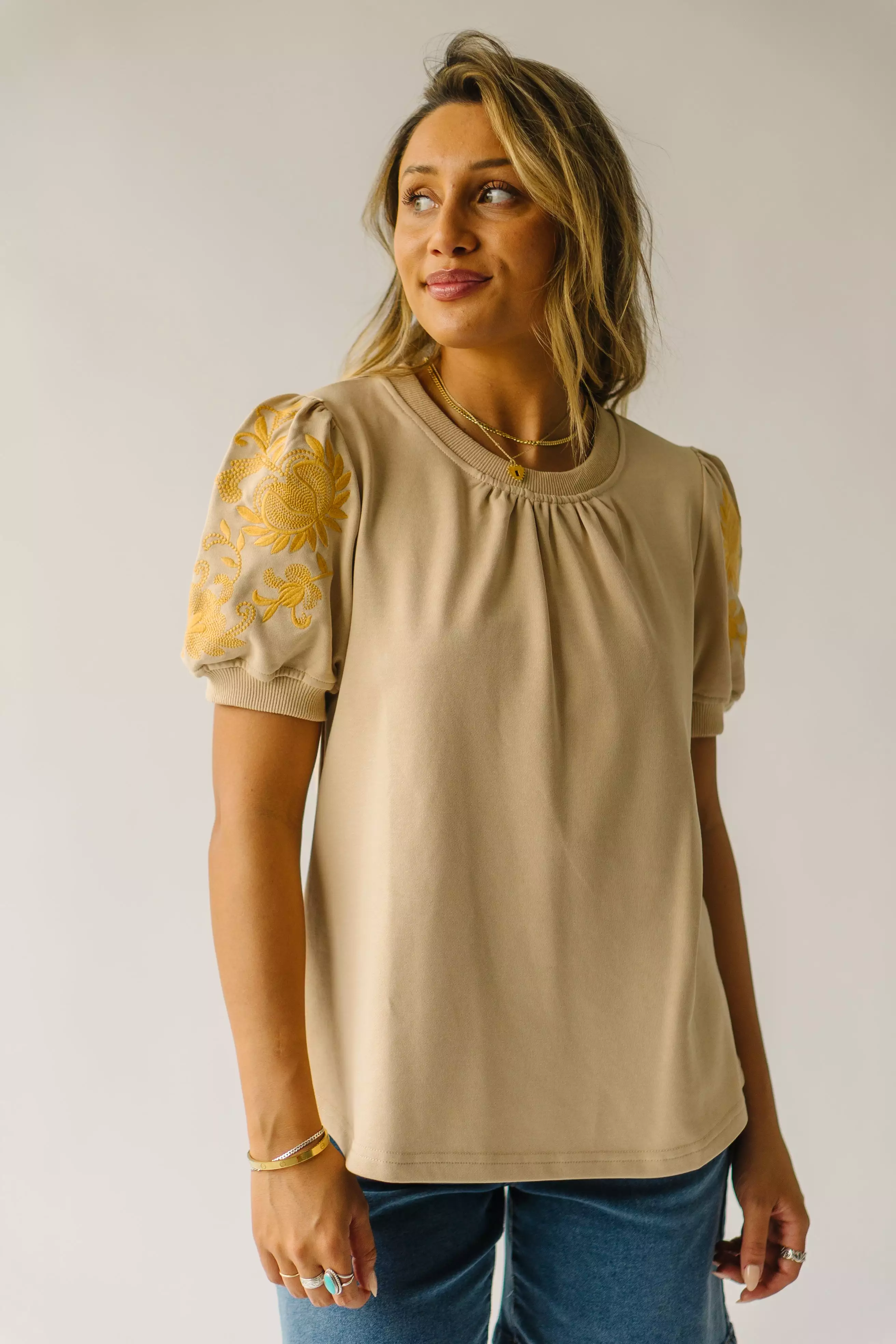 Fallston Taupe Embroidered Blouse