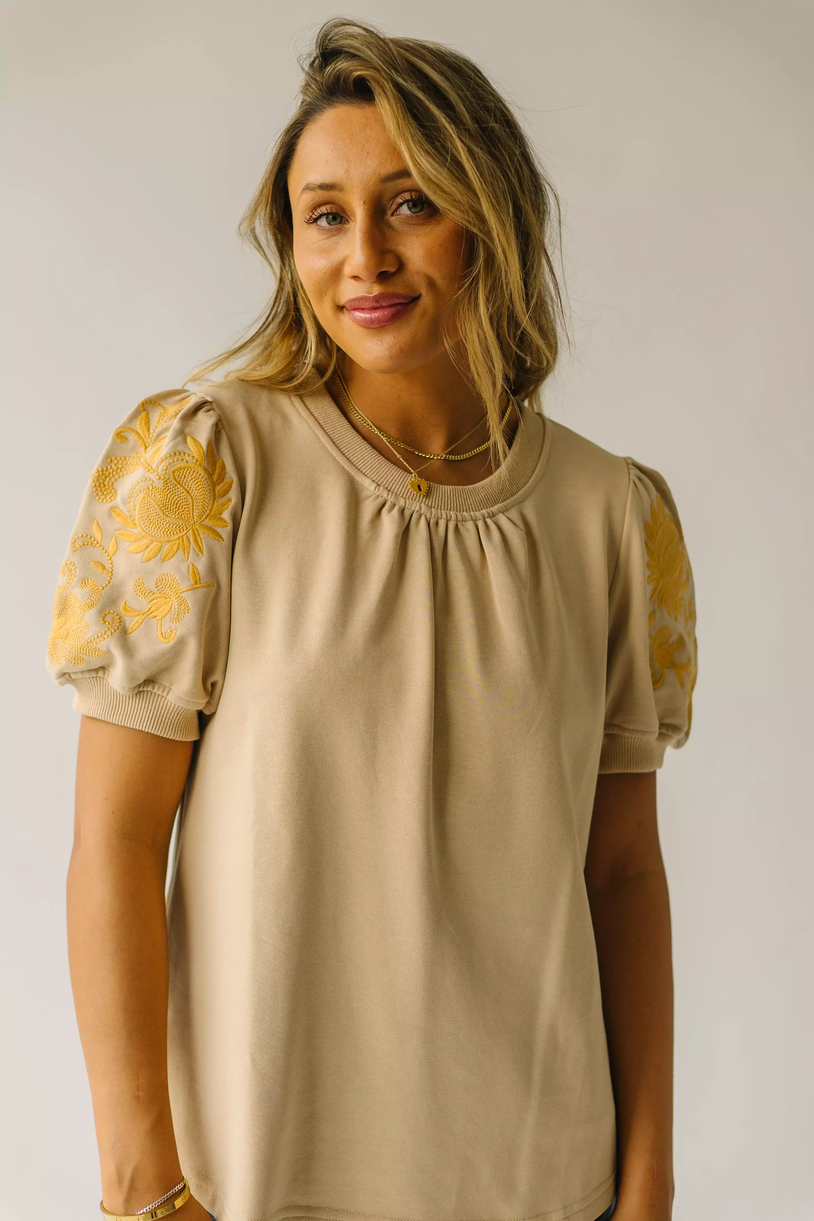 Fallston Taupe Embroidered Blouse