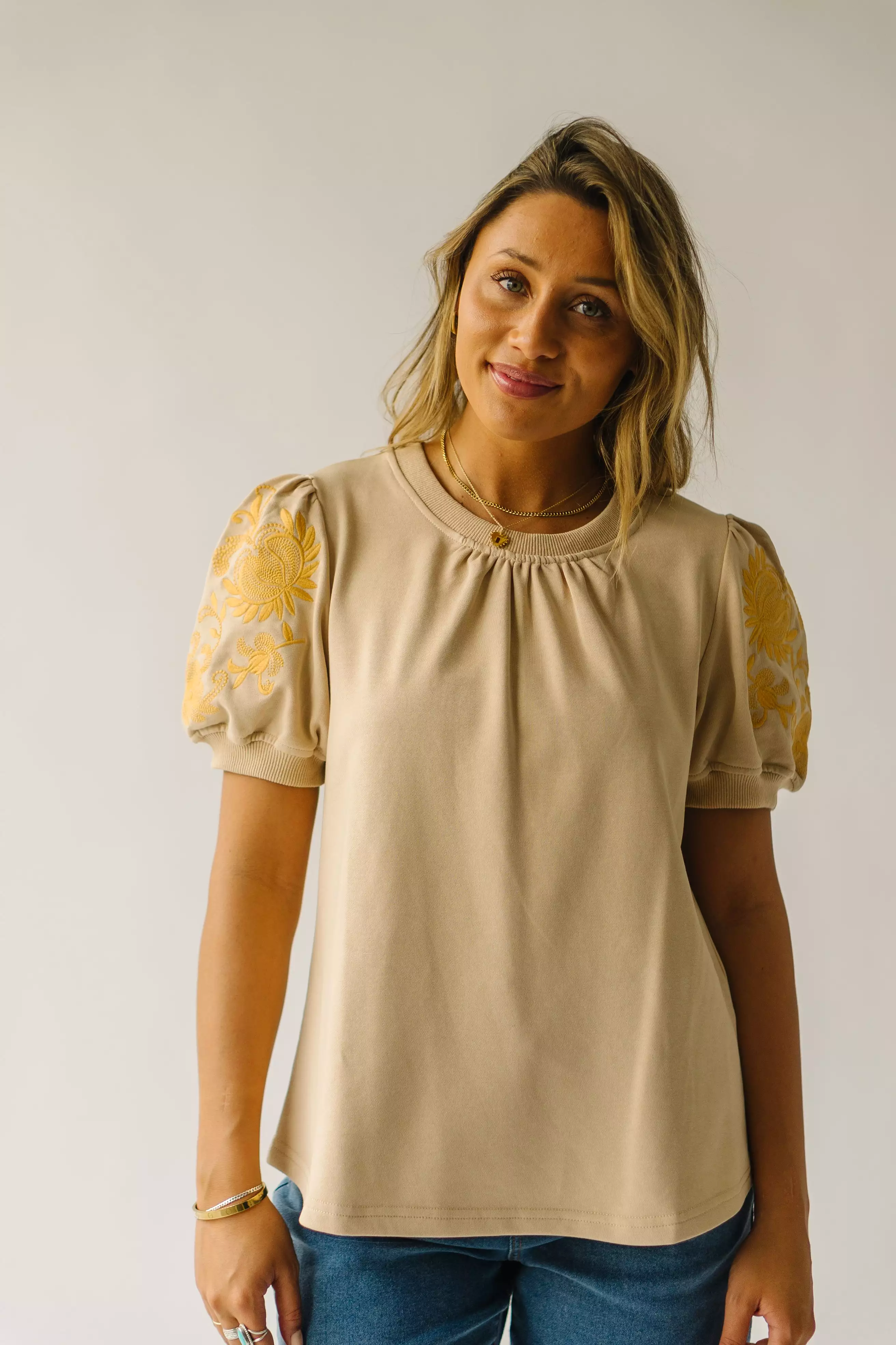 Fallston Taupe Embroidered Blouse