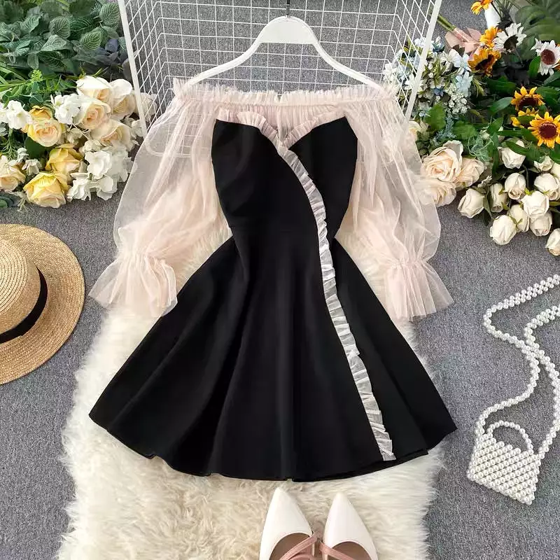 Fashion off-shoulder mesh bubble sleeve dress