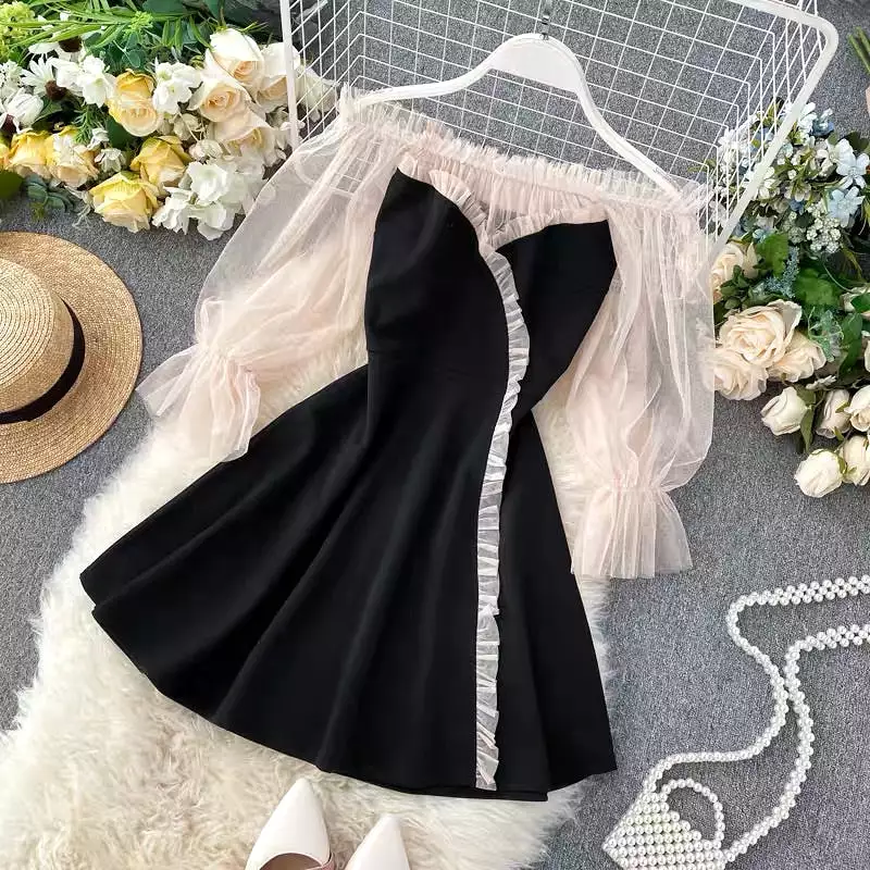 Fashion off-shoulder mesh bubble sleeve dress