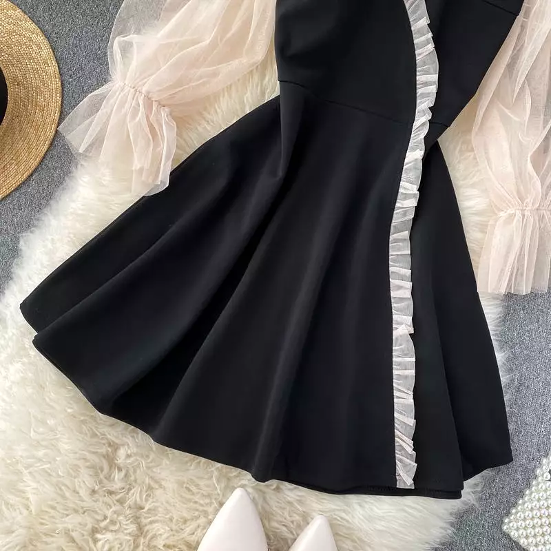 Fashion off-shoulder mesh bubble sleeve dress