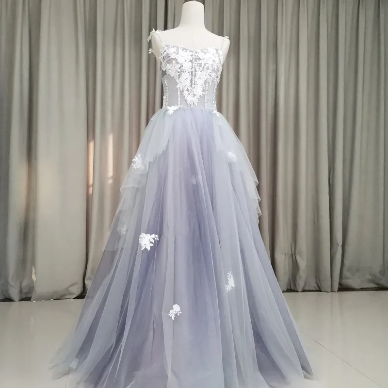 Grey Tulle Sweetheart Straps Long Party Dress, Sweet 16 Dress