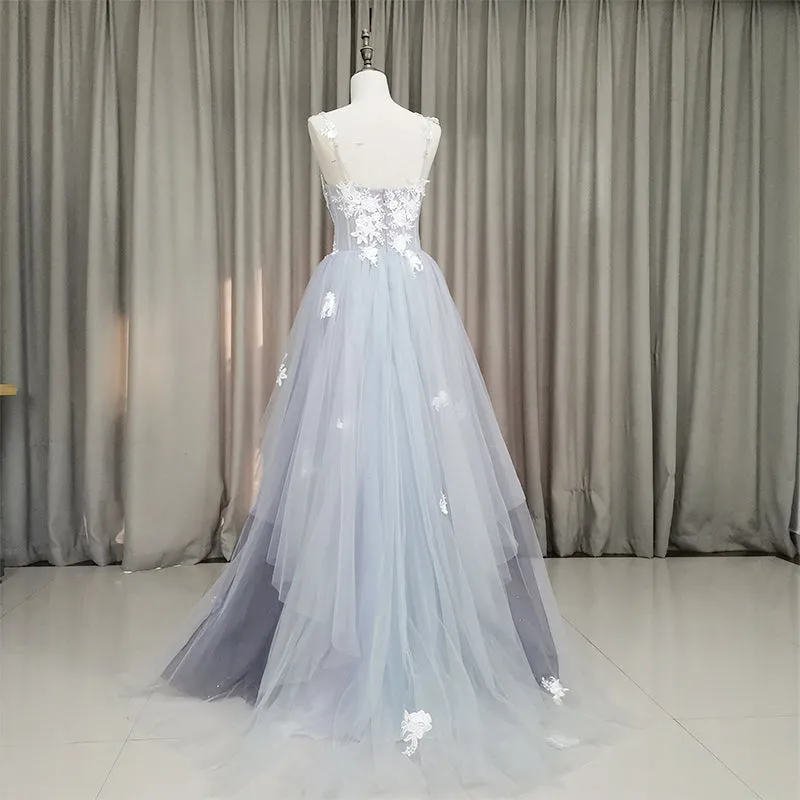 Grey Tulle Sweetheart Straps Long Party Dress, Sweet 16 Dress