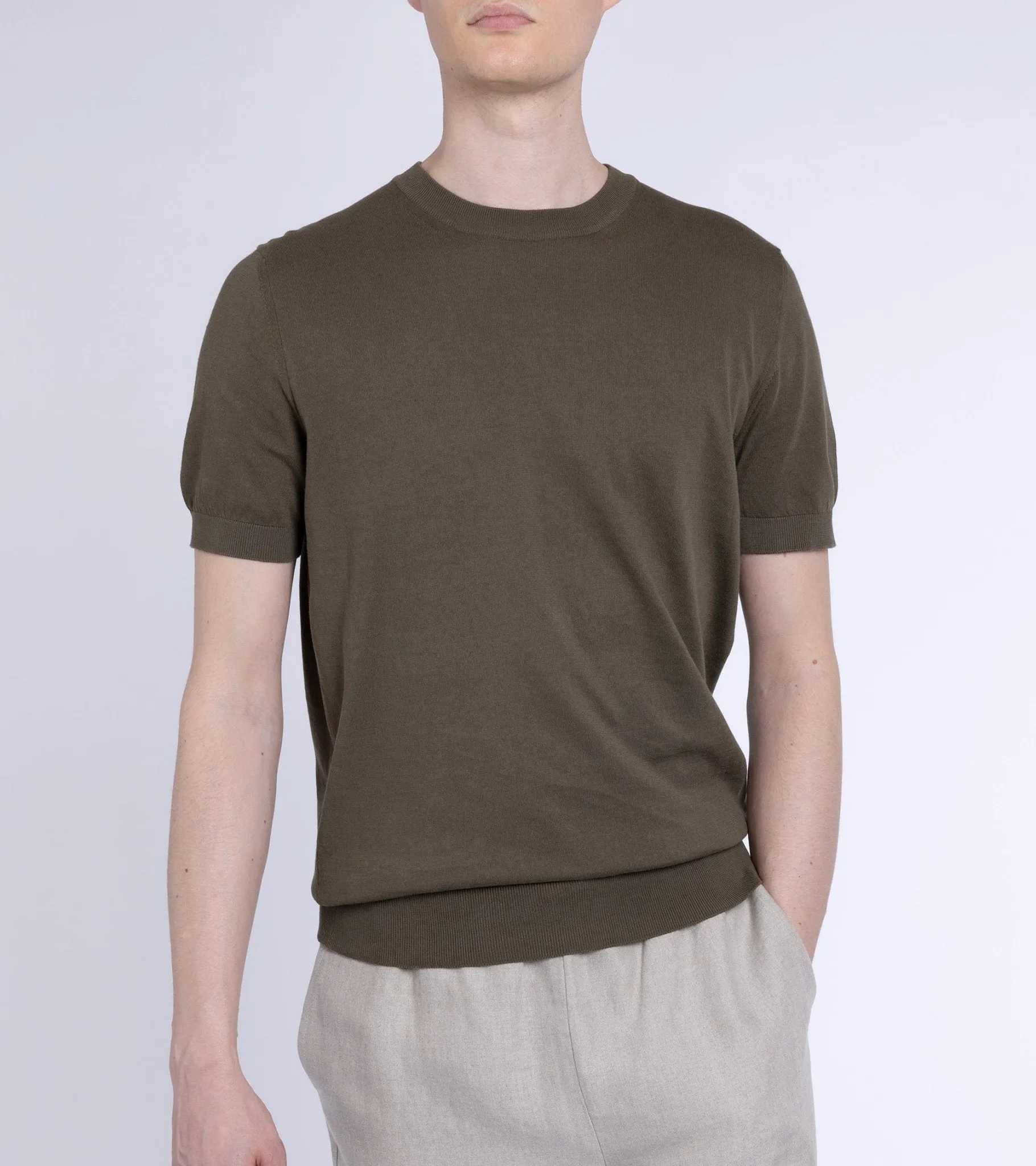 Fedeli Cotton Knitted T-Shirt: Olive | Buy Now