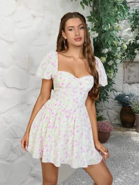 Floral Print Sweetheart Neck Puff Dress