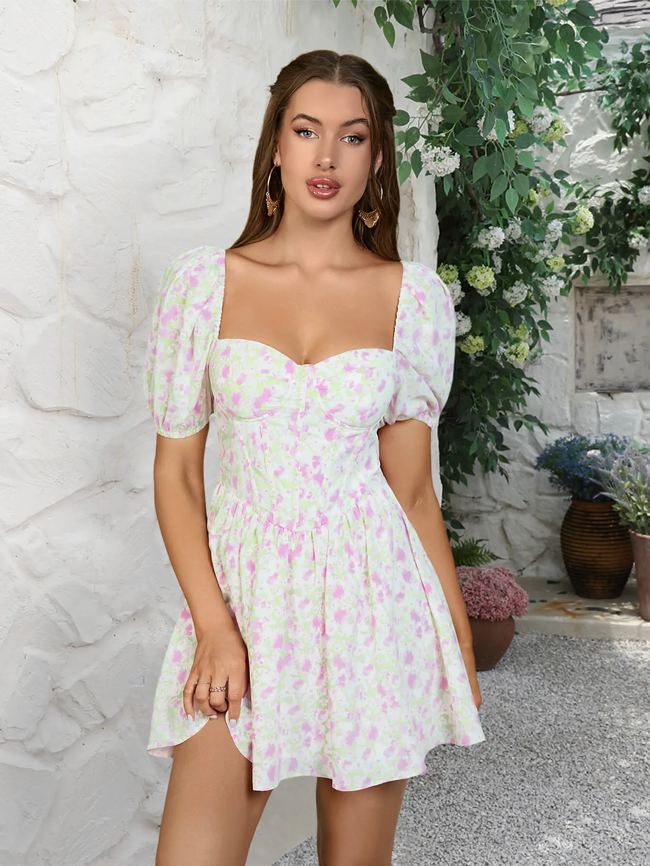 Floral Print Sweetheart Neck Puff Dress