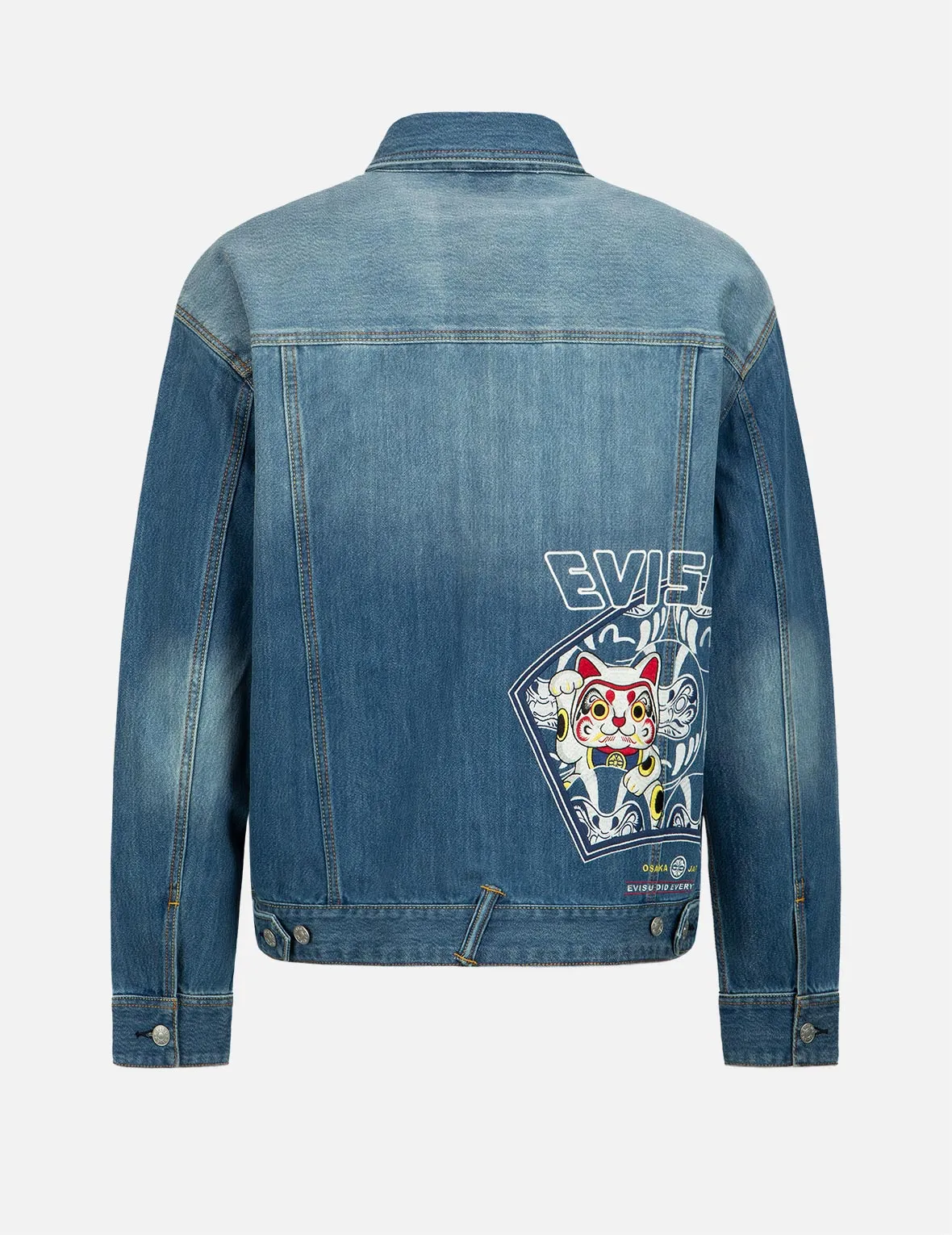 Fortune Cat Daruma Embroidery Denim Jacket