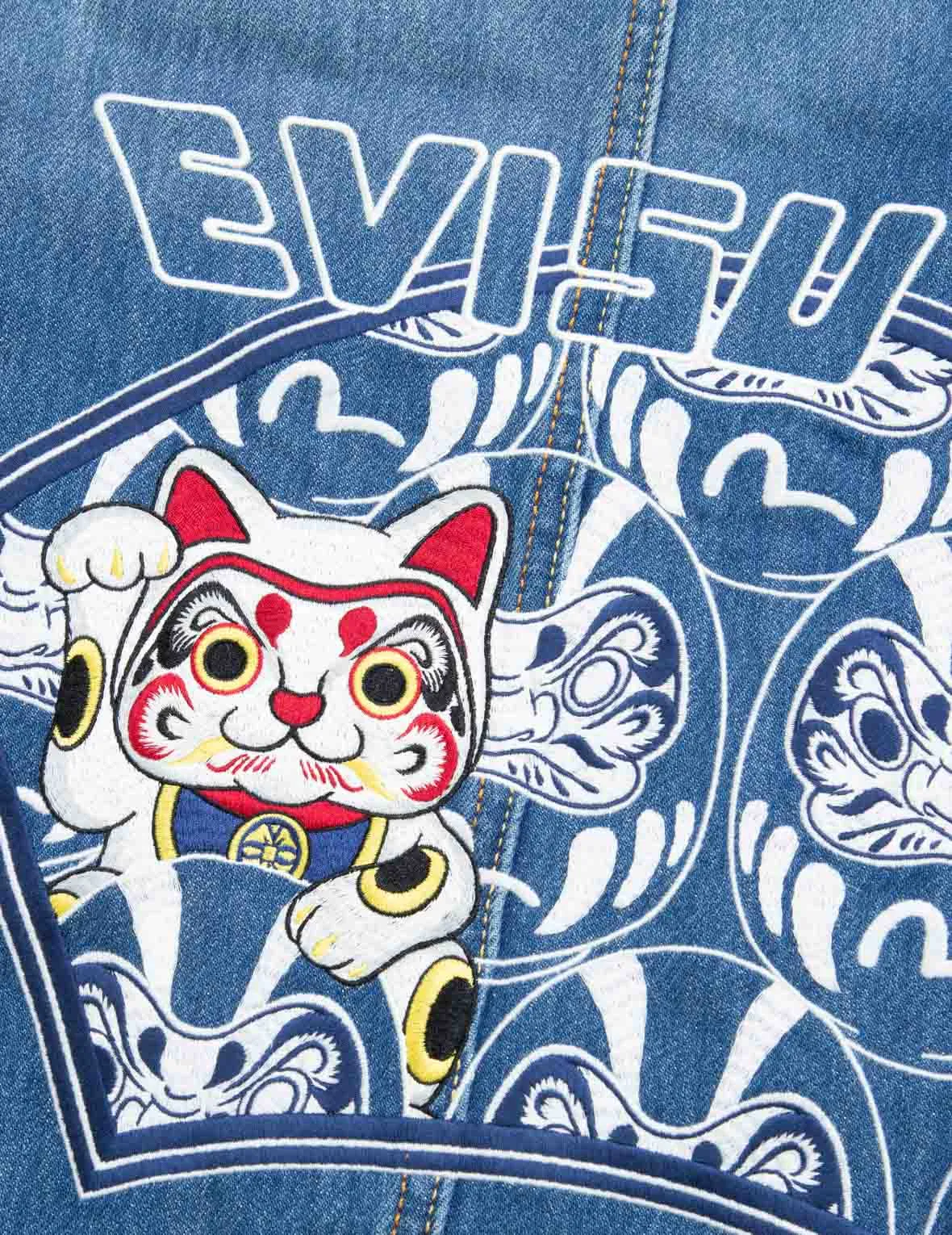 Fortune Cat Daruma Embroidery Denim Jacket