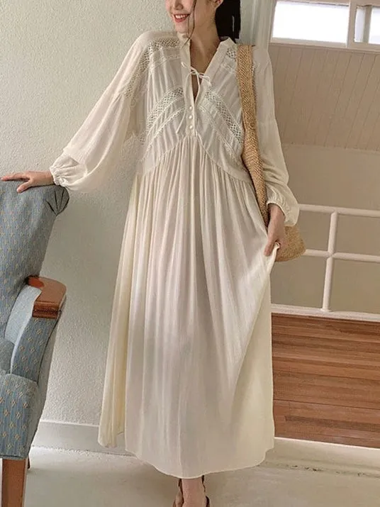 French Long-Sleeved Lace Spliced Hollow Dress