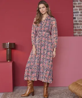 Printed Long Sleeved Dress with Frill Neck