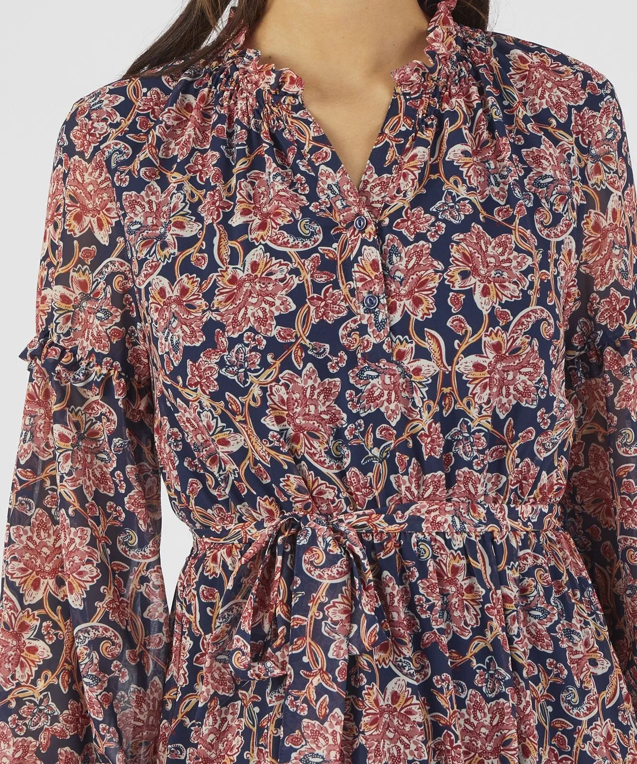 Printed Long Sleeved Dress with Frill Neck