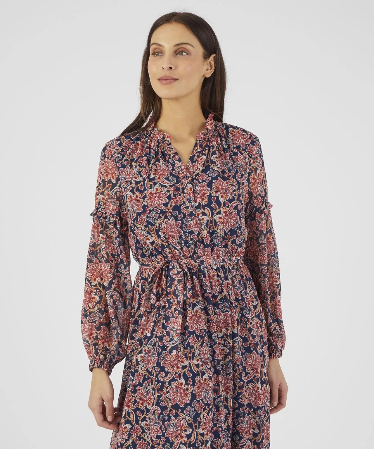 Printed Long Sleeved Dress with Frill Neck