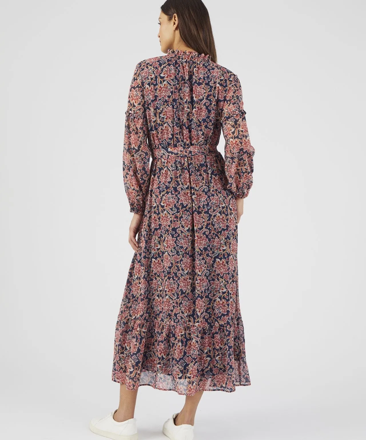 Printed Long Sleeved Dress with Frill Neck