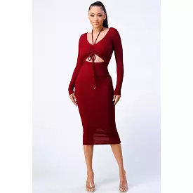 Front Shirring Cut-out Long Sleeved Dress