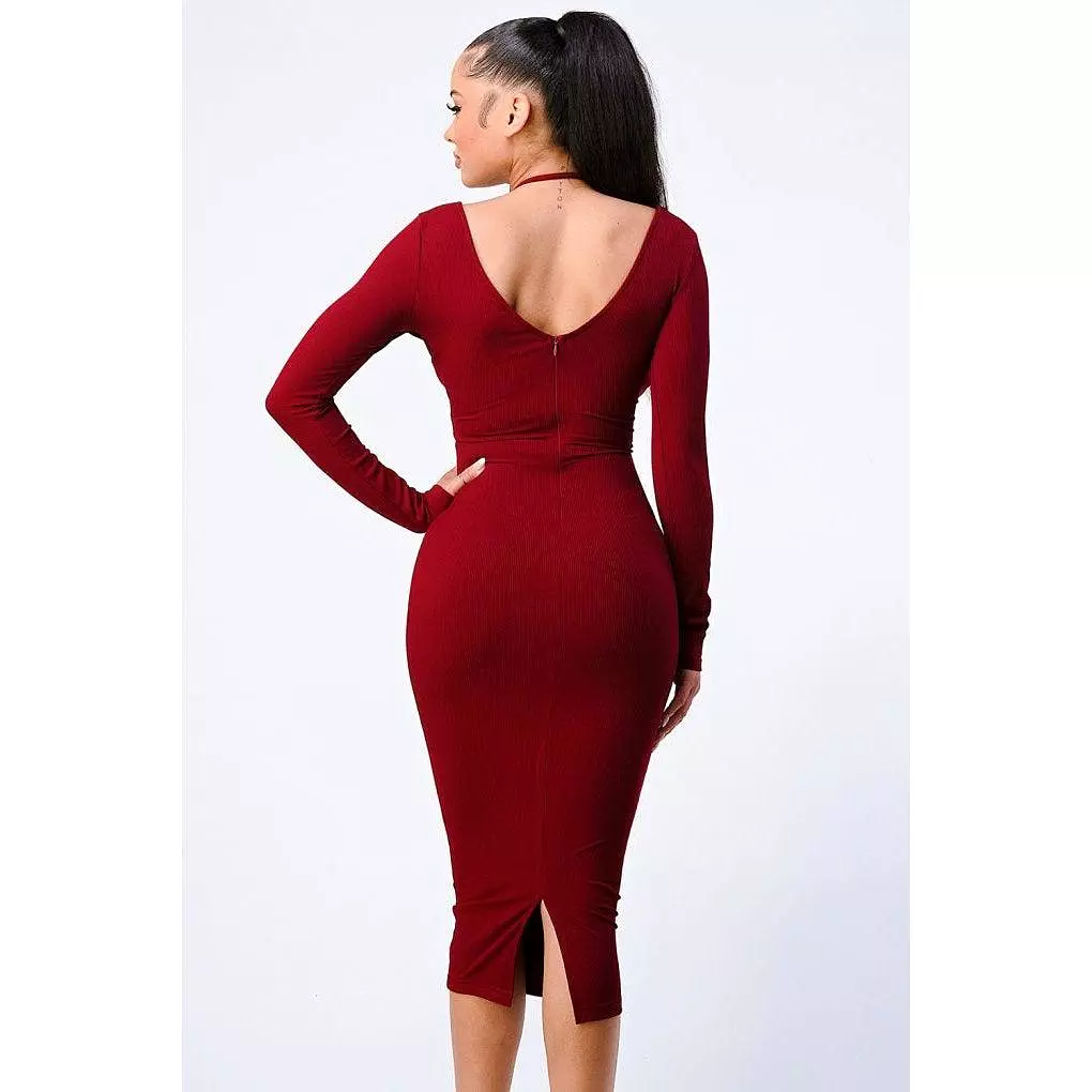 Front Shirring Cut-out Long Sleeved Dress