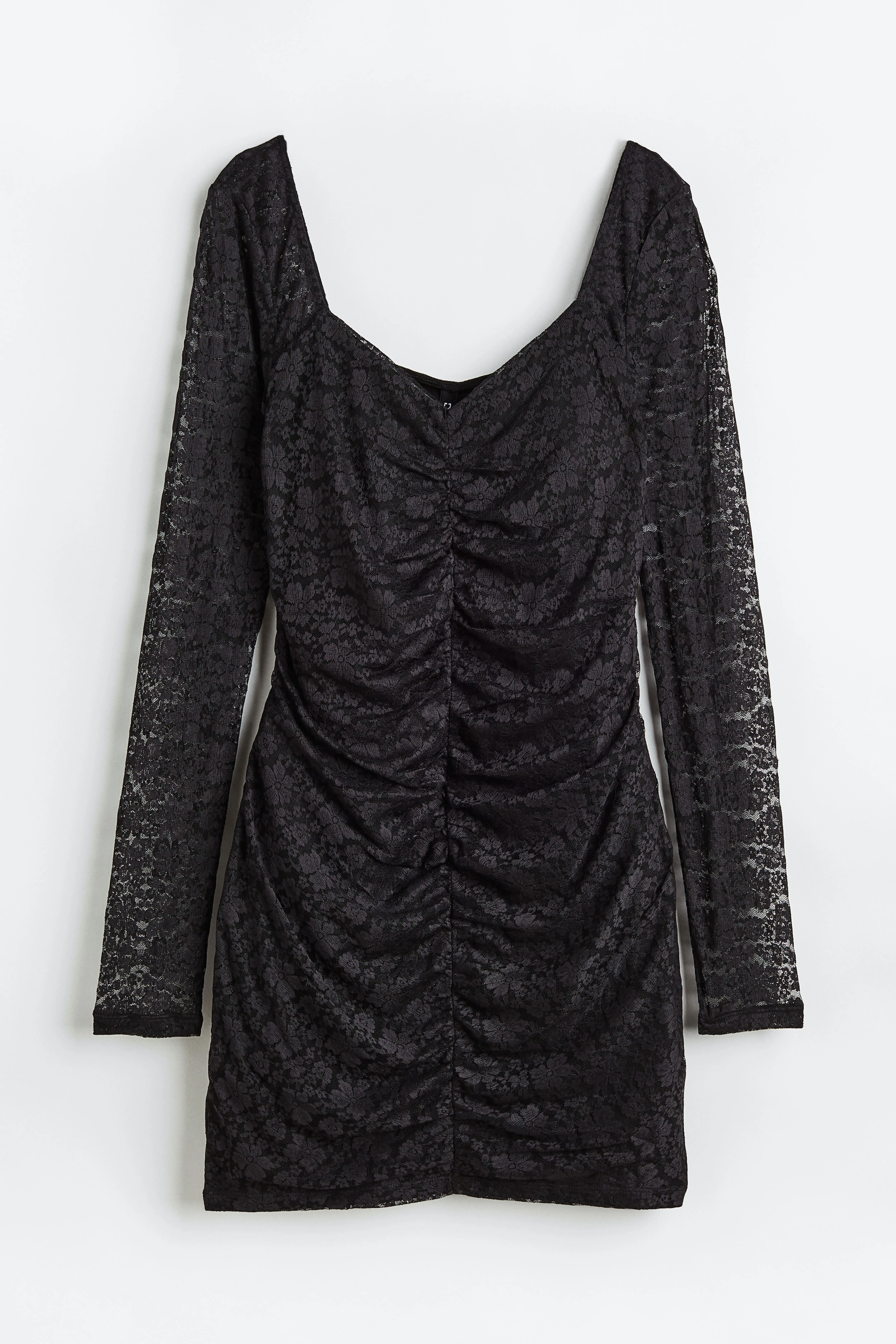 Gathered Lace Dress - Sweetheart Neckline - Long Sleeve - Black - Ladies | H&M GB