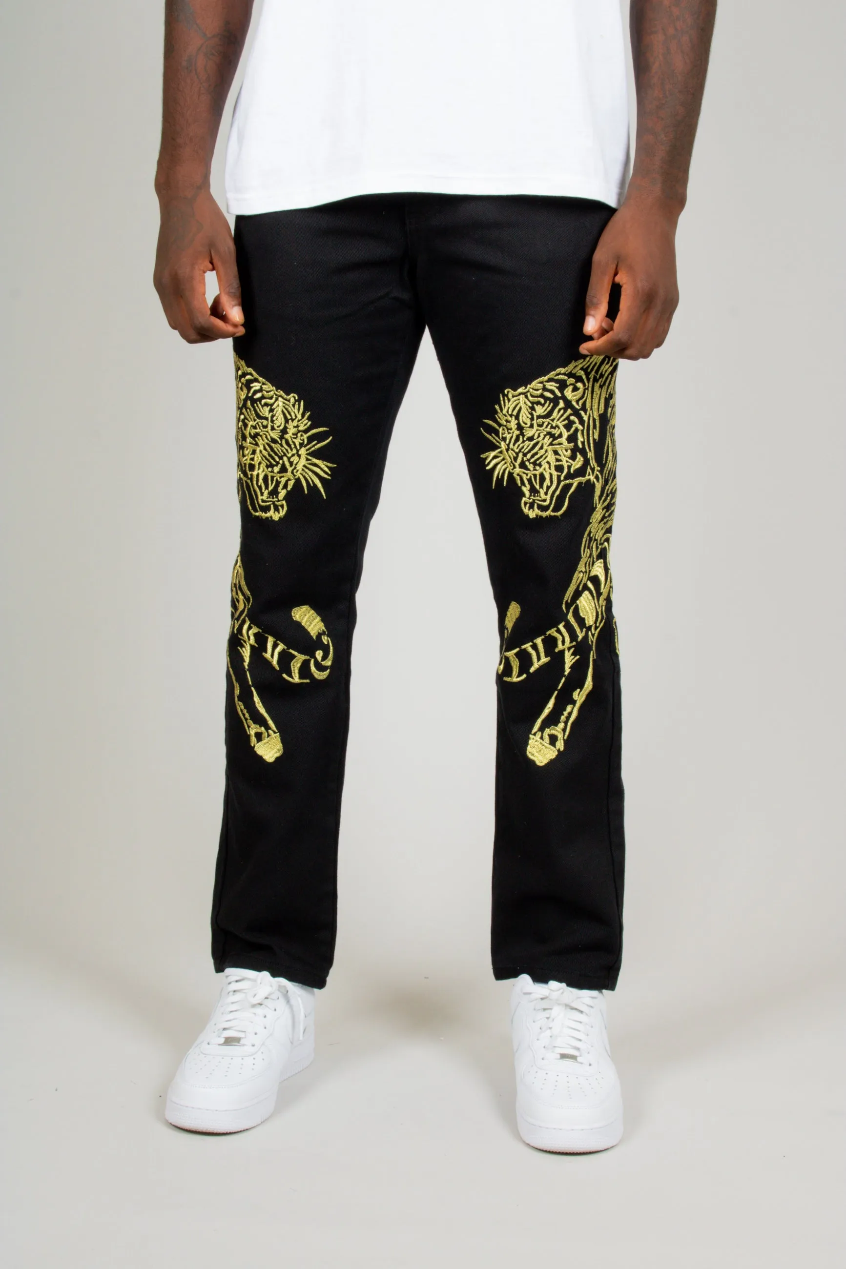 Golden Tiger Embroidered Straight Leg Jeans for Women