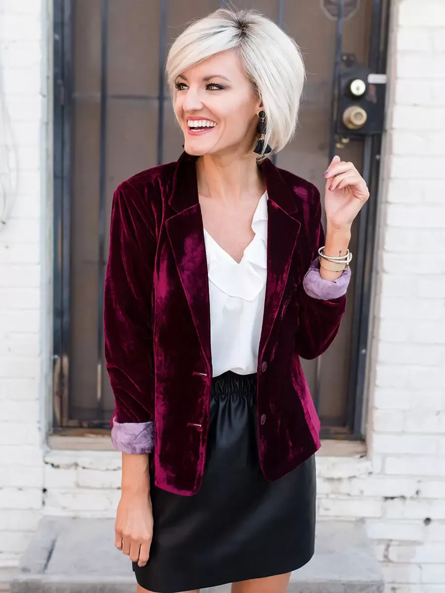 Green Burgundy Velour Blazer Jacket Women Casual Slim Fit