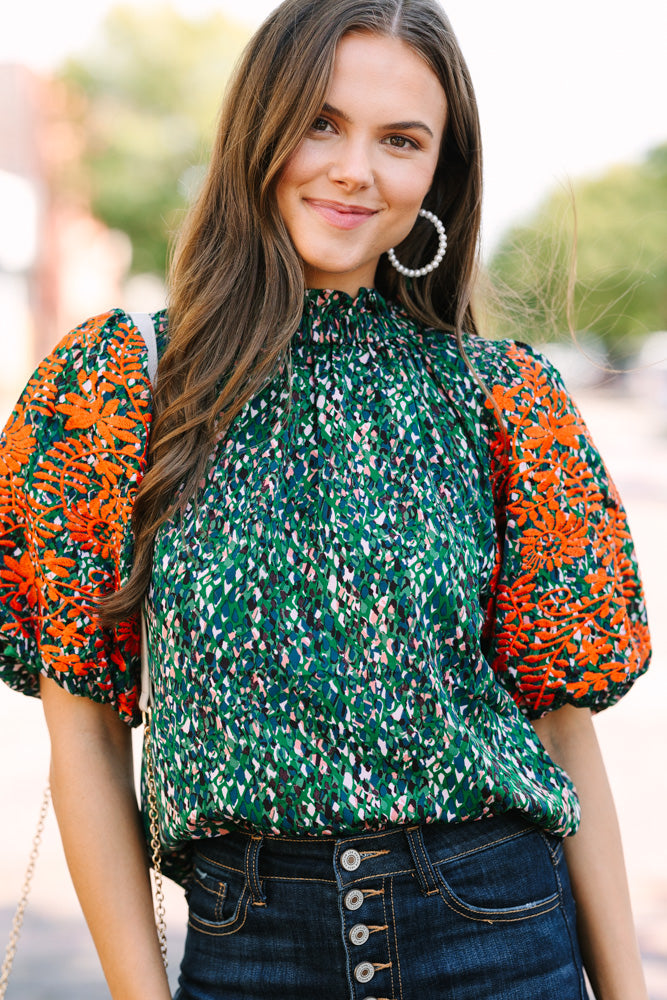 Green Floral Embroidered Blouse - THML