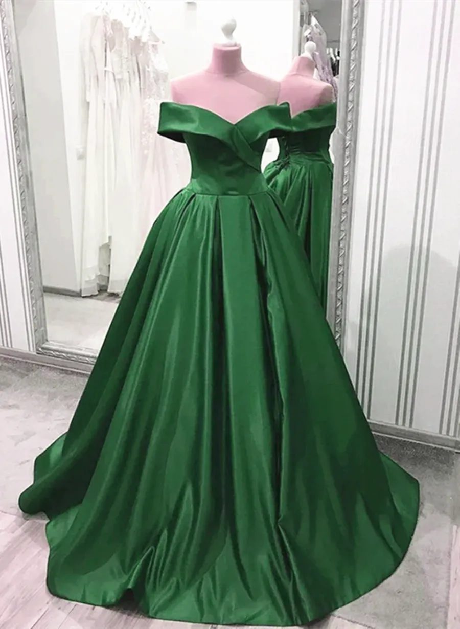 Green Satin Sweetheart Long Prom Dress, A-line Party Dress