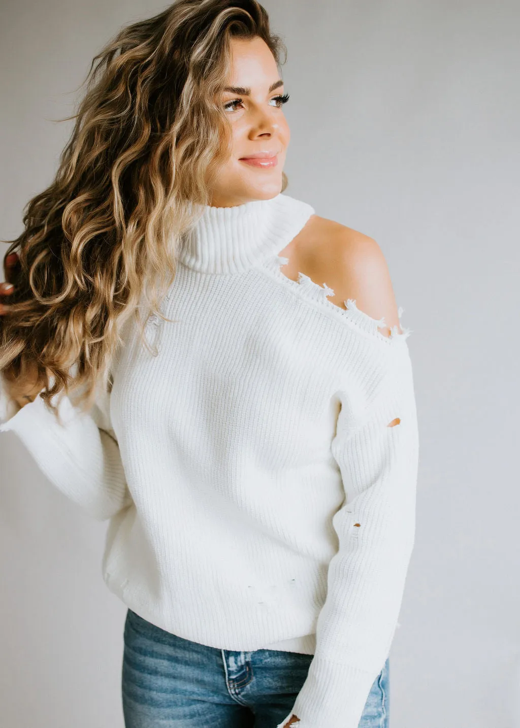 Harlee Cold Shoulder Sweater with Distressed Detail