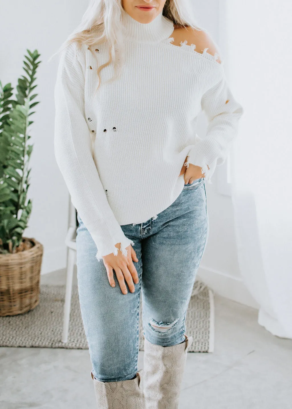 Harlee Cold Shoulder Sweater with Distressed Detail