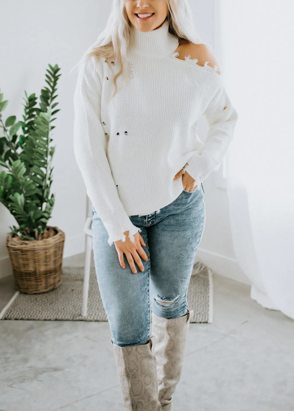 Harlee Cold Shoulder Sweater with Distressed Detail