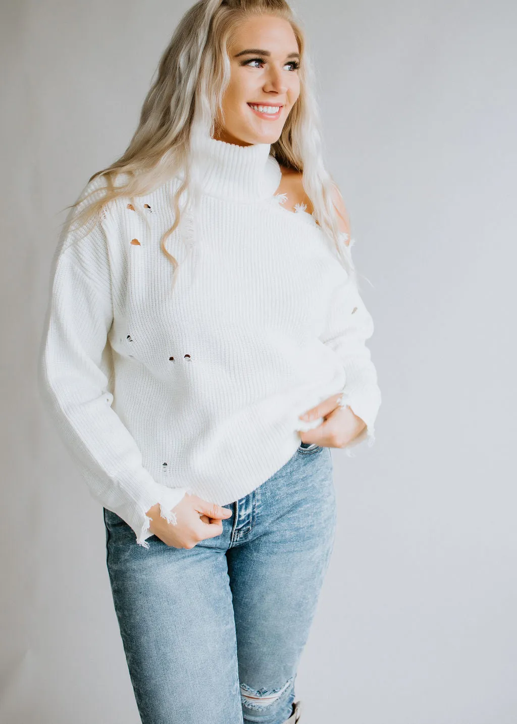 Harlee Cold Shoulder Sweater with Distressed Detail