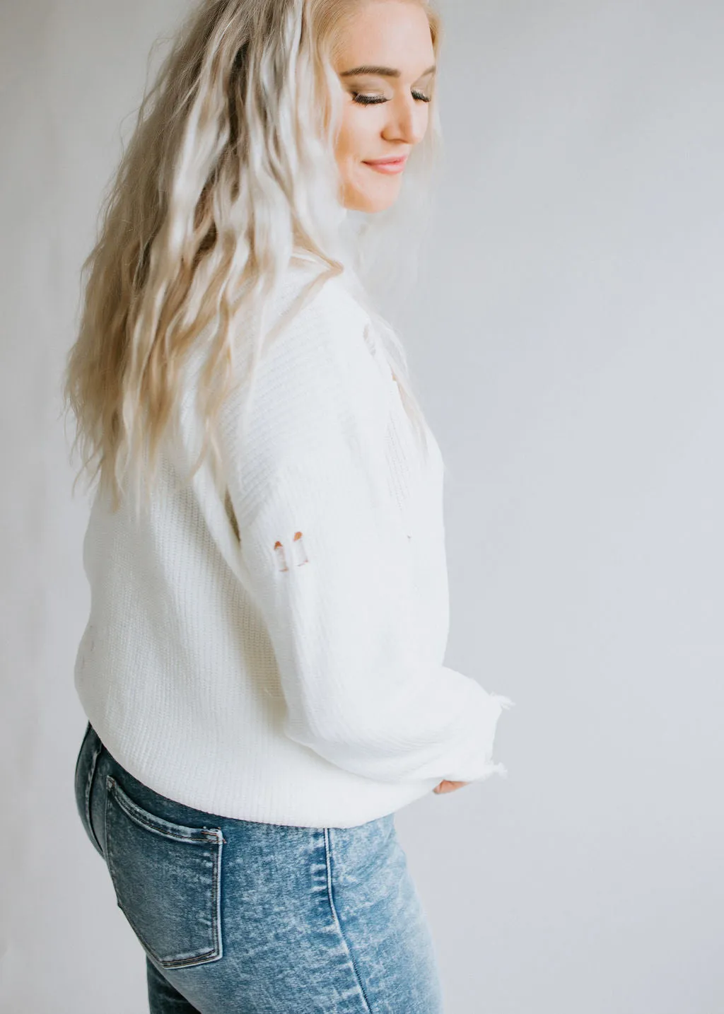 Harlee Cold Shoulder Sweater with Distressed Detail