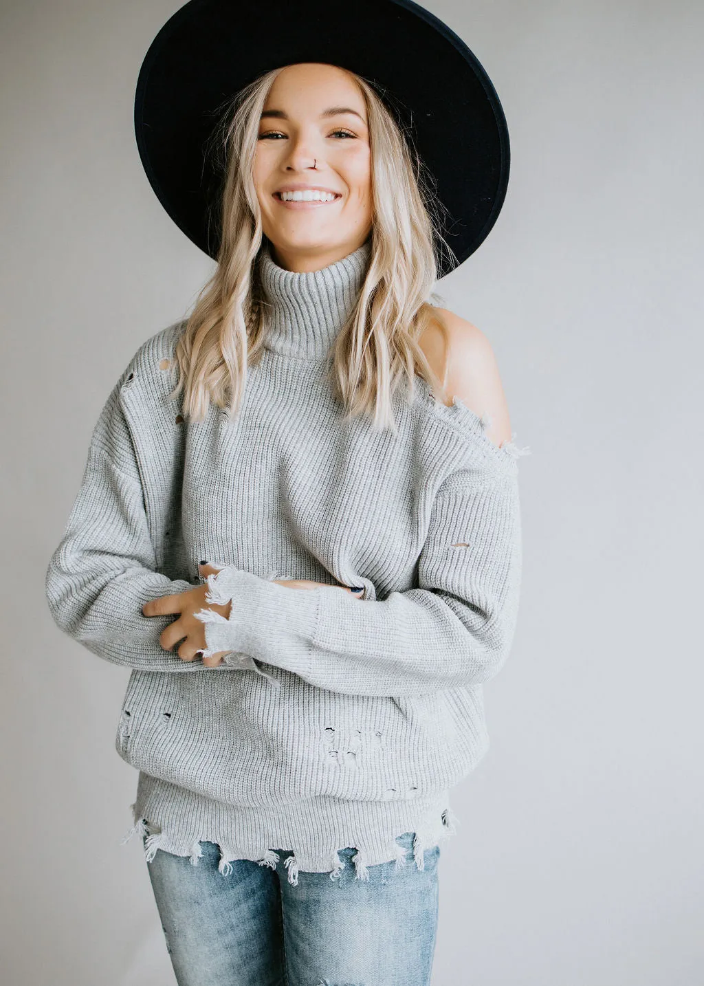 Harlee Cold Shoulder Sweater with Distressed Detail