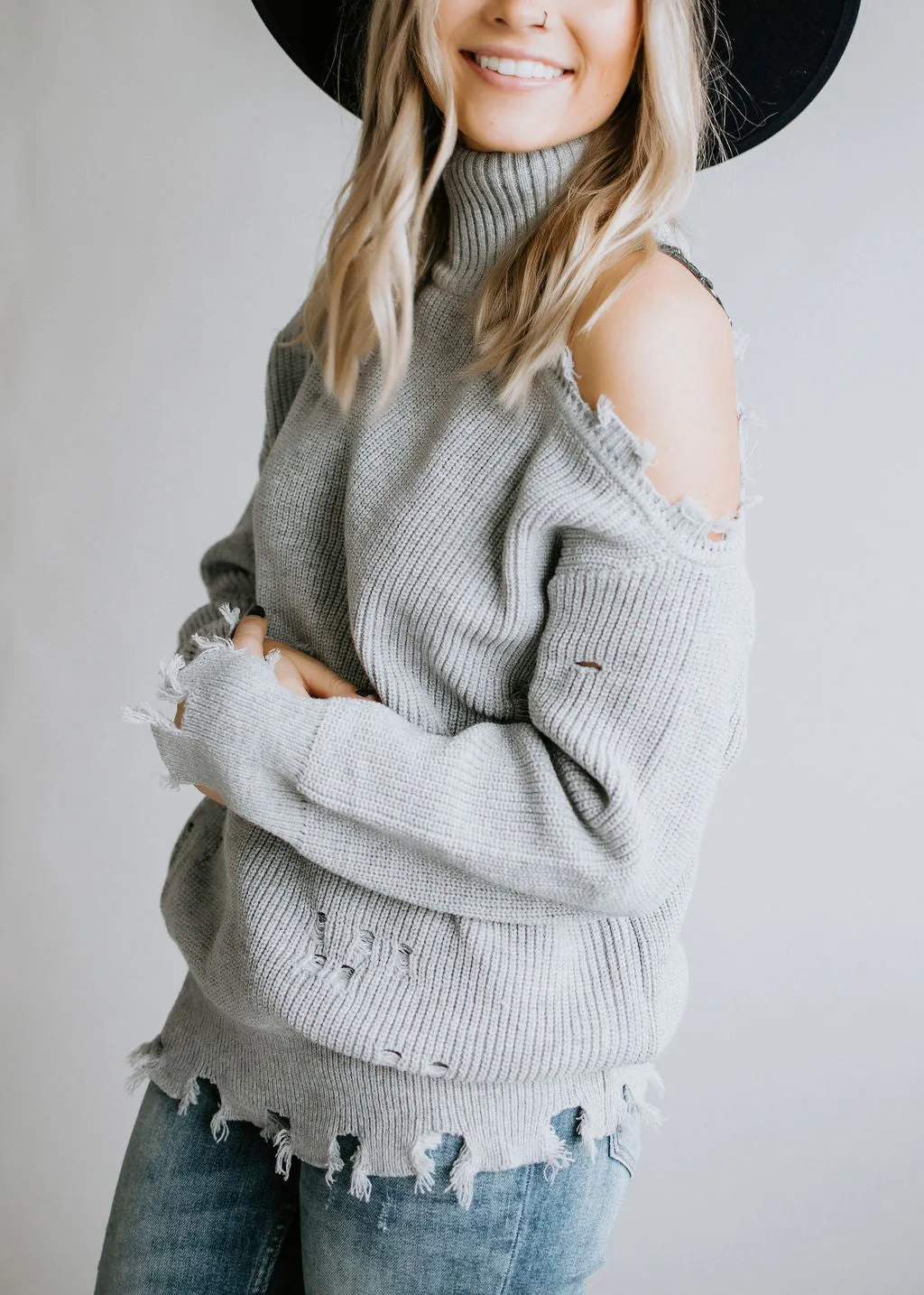 Harlee Cold Shoulder Sweater with Distressed Detail