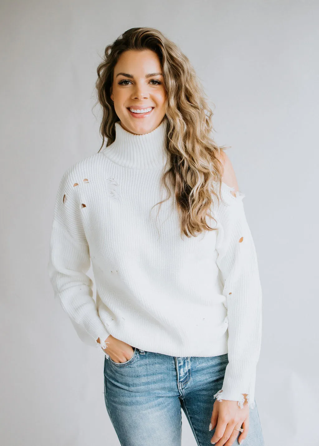 Harlee Cold Shoulder Sweater with Distressed Detail