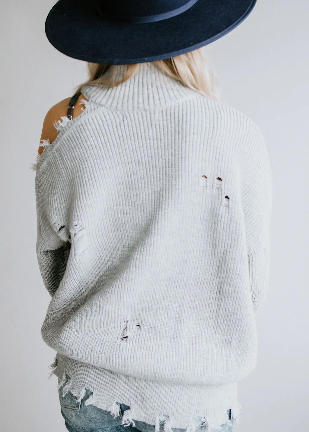 Harlee Cold Shoulder Sweater with Distressed Detail